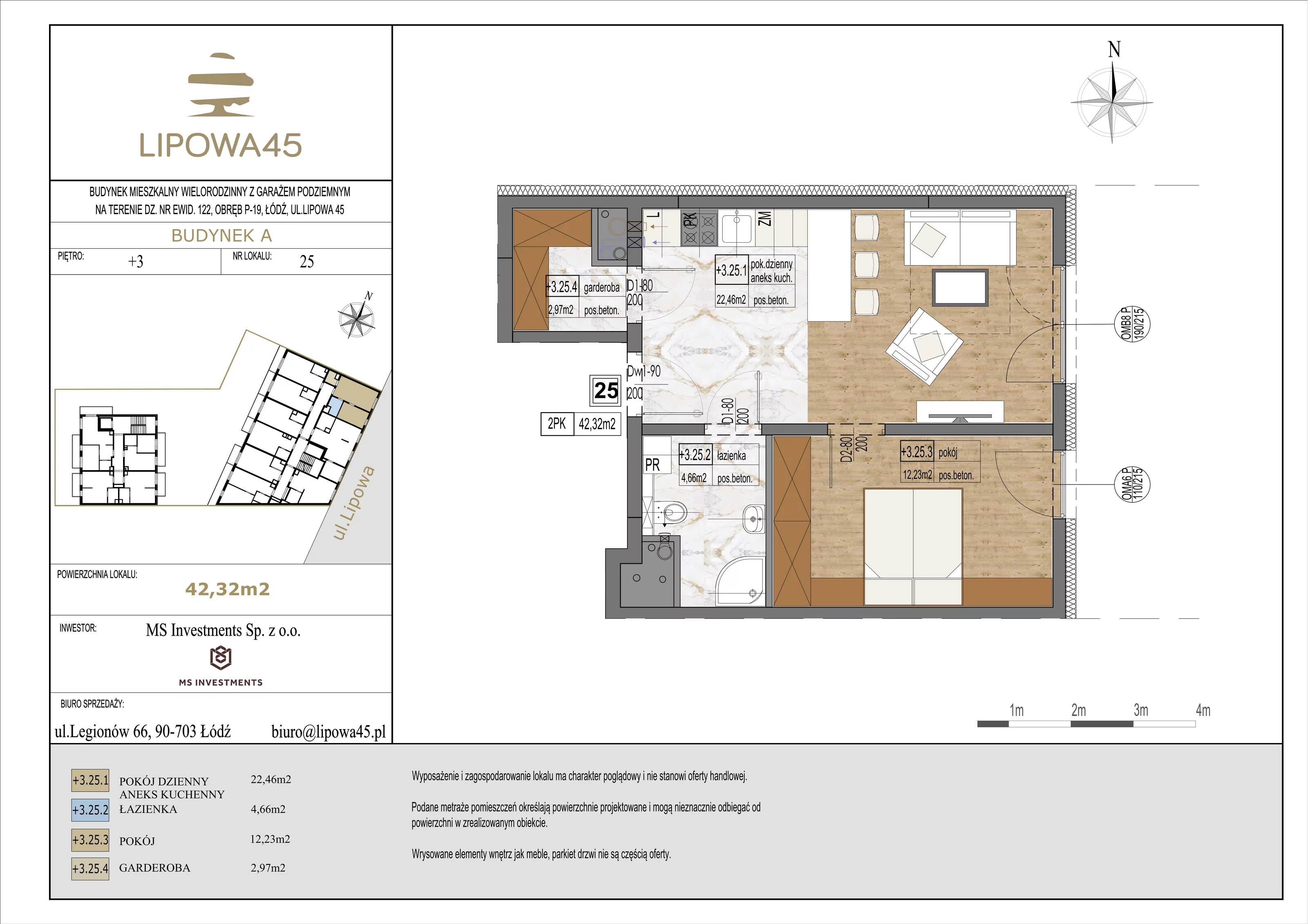 2 pokoje, mieszkanie 42,32 m², piętro 3, oferta nr 25, Lipowa 45, Łódź, Polesie, ul. Lipowa 45